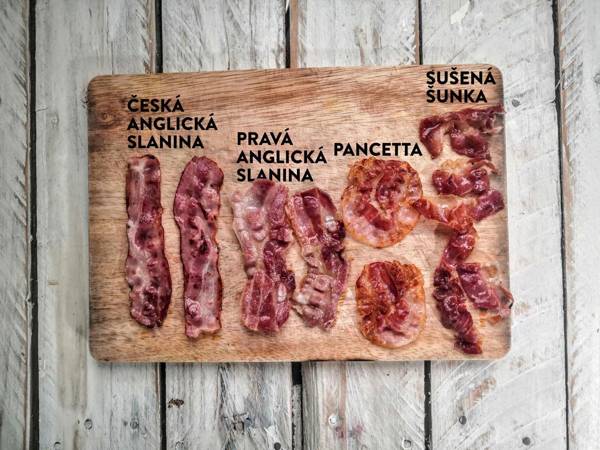 Srovnání uzenin - jamón, pancetta, bacon, slanina po tepelné úpravě